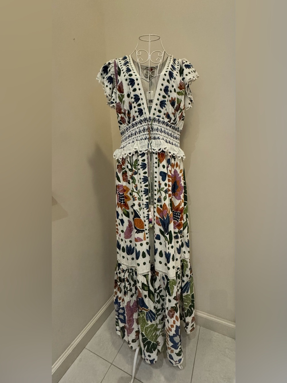 Farm Rio Floral Eyelet Ruffle Maxi Dress  Summer Garden Size XL NWT - Picture 3 of 8